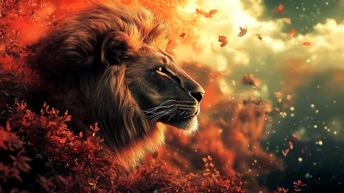 Lion profile amid glowing autumn leaves and soft light.