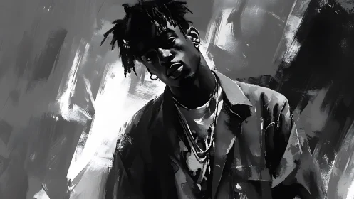 Monochrome street poet leaning through stormy brushstrokes.