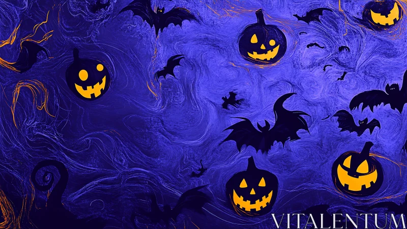Spectral jack-o&rsquo;-lantern swarm over turbulent violet vortex field.
