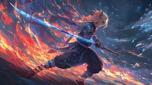 Flame haired swordsman charging with luminous katana arc