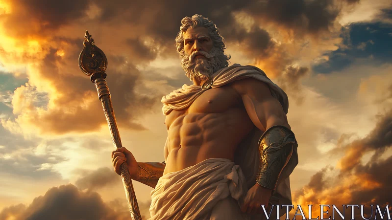 Storm god statue rises against blazing sunset sky.