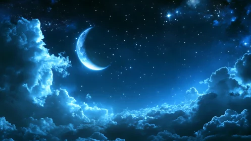 Crescent moon above dense illuminated night clouds