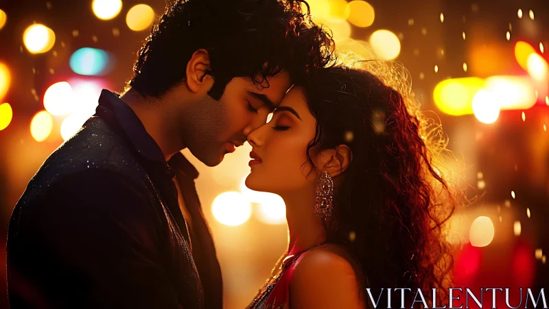 Two figures positioned close together against warm bokeh background lighting.