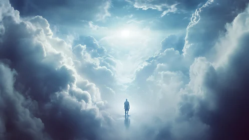 Solitary figure ascending through luminous celestial clouds.