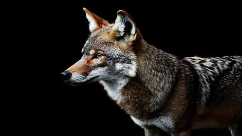Lateral coyote portrait under high contrast isolation lighting.