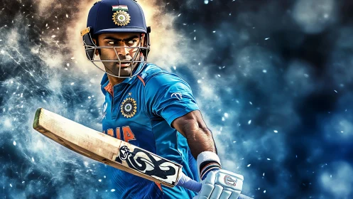 Cricket batsman in blue uniform swings bat with dynamic motion