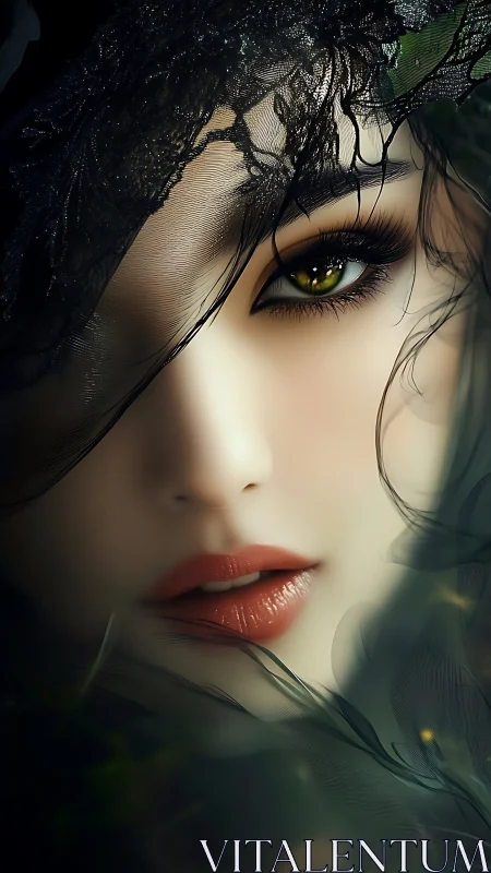 Digital portrait shows close female face with lace veil