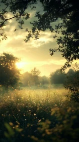 Sunlit meadow with backlit foliage and low morning mist