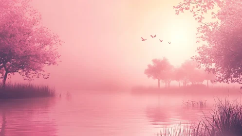 Blushing dawn hums over misty water where silhouettes drift