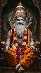 Ornate seated deity statue with garlands and golden crown