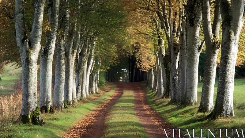 Photographic tree-lined country lane with axial perspective.