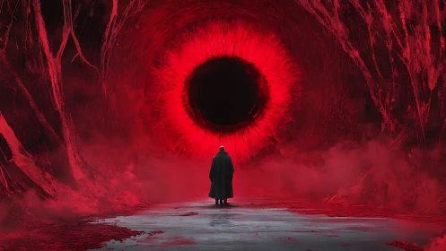 Solitary figure confronting colossal crimson vortex eye portal.