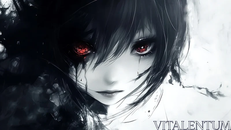 Crimson-eyed girl emerges from monochrome digital void.