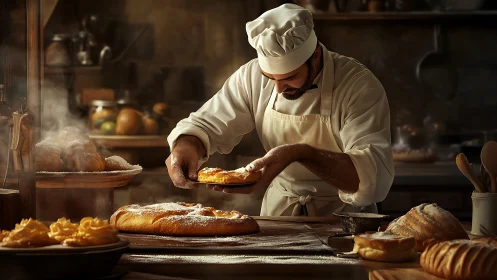 Baker Inspects Fresh Baguette in Rustic Kitchen Workshop