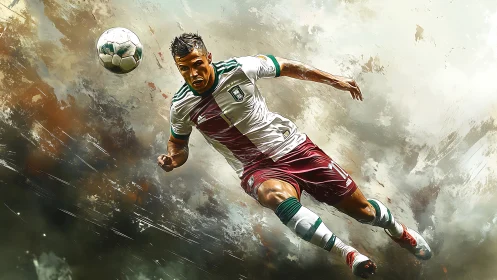 Dynamic soccer striker dives toward the flying ball in motion.