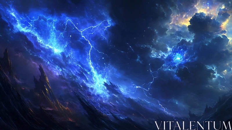 Cosmic stormscape with electric nebula over jagged terrain.
