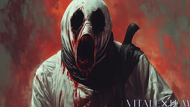 Hooded faceless figure stands in bloodstained white robe