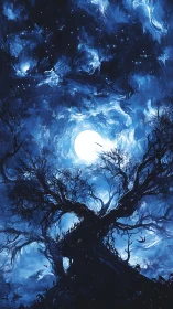 Moonlit twisted tree rises beneath stormy swirling sky