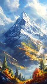 Snow-covered mountain above autumn conifer forest landscape.