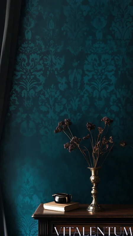 Dark teal damask wall with brass vase and side table.