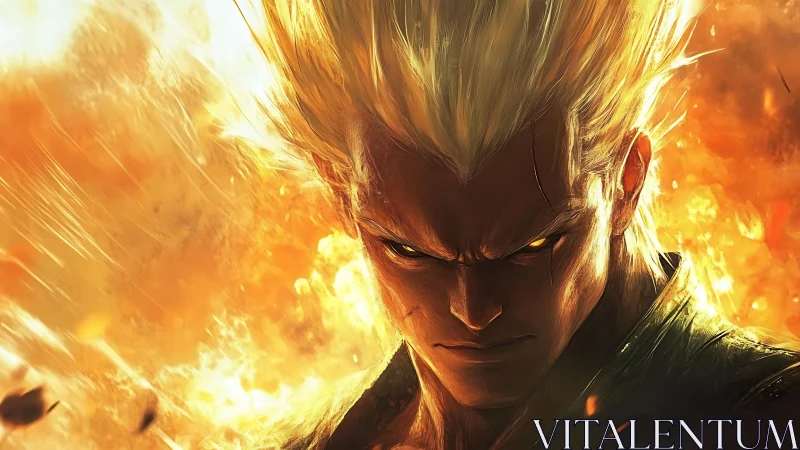 Blazing warrior portrait in molten golden inferno light.