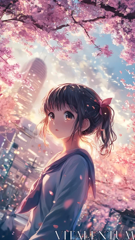 Spring dusk in the city, anime schoolgirl under sakura bloom.