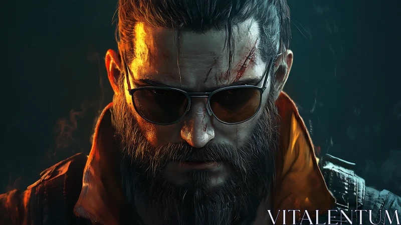 Scarred bearded antihero glares through smoke and neon light