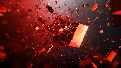 Exploding Red Cubes in Abstract Digital Art with Futuristic Style.