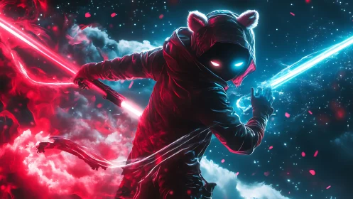 Neon hooded warrior swings glowing blades in cosmic sky