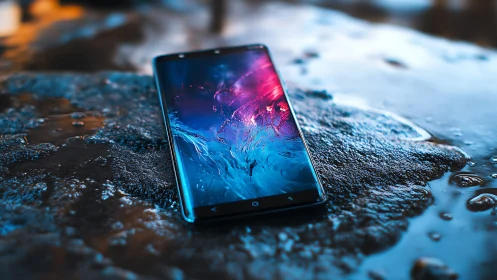 Smartphone with Abstract Digital Display on Wet Stone.