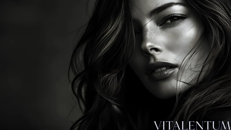 Monochrome close portrait of woman with flowing hair.