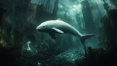 Post-apocalyptic beluga drift in flooded ruination.