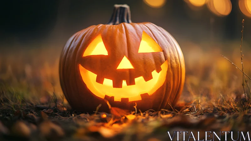 Illuminated jack-o-lantern in shallow-depth autumn field at dusk