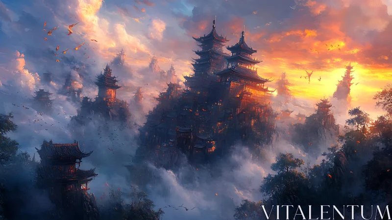 Skybound pagoda citadel burns softly through stormy clouds