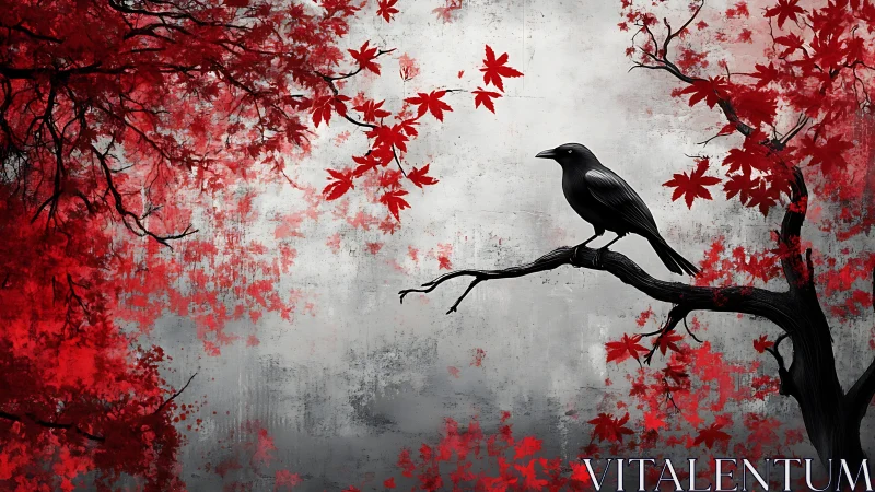 Raven on twisted branch amid crimson maple leaves at dusk.