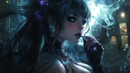 Midnight enchantress gazes through silver smoke and neon glow