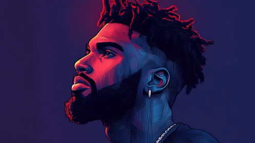 Profile portrait shows stylized man under neon side lighting