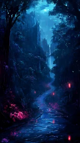 Rain-soaked forest path under blue light and lanterns.