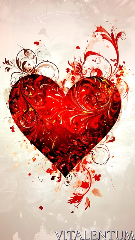 Red heart with ornamental swirls and botanical flourishes