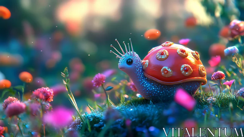 Crowned garden snail wandering through a sparkling flower dream.