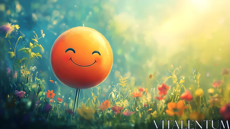 Smiling orange balloon glows above dreamy wildflower meadow.
