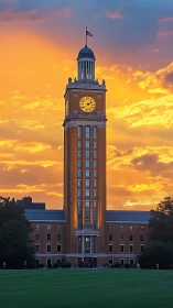 Clock tower over collegiate quad at golden hour sunset