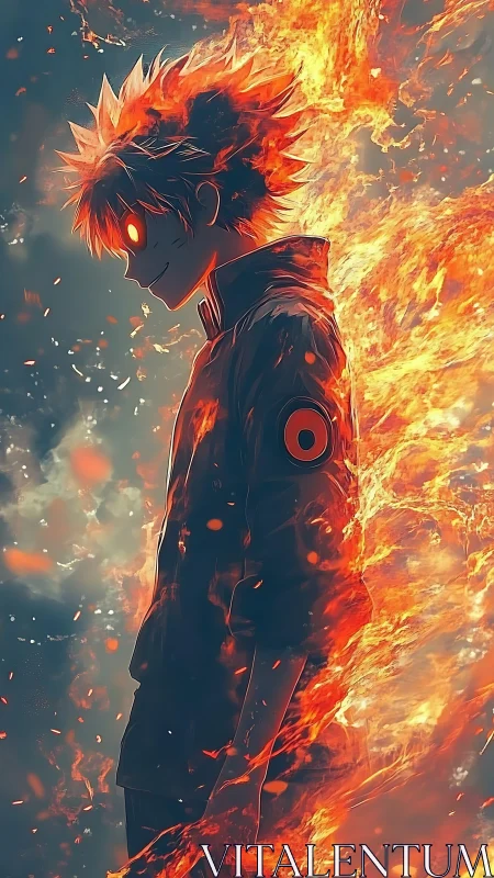 Smirking ember-eyed anime boy crowned in wildfire blaze.