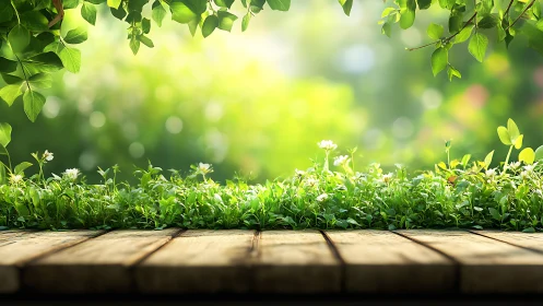 Sunlit garden edge over a warmly weathered wooden deck.