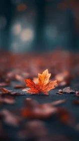 Solitary ember leaf quietly crowns a blurred autumn street