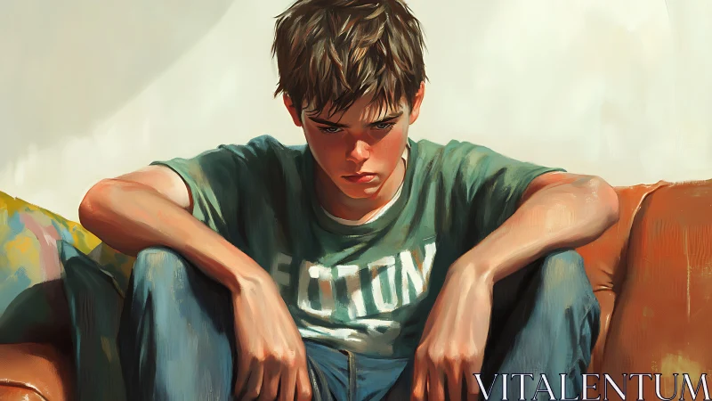 Moody teenage boy slumped on couch in painterly light.