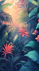 Sunlit tropical jungle glows around vivid coral foliage