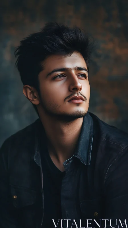 Young man in dark shirt looking up in soft studio light.