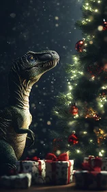 Velociraptor model watching lit Christmas tree at night.