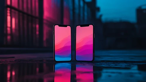 Dual Smartphones Display Gradient Wallpaper Against Urban Neon Backdrop.